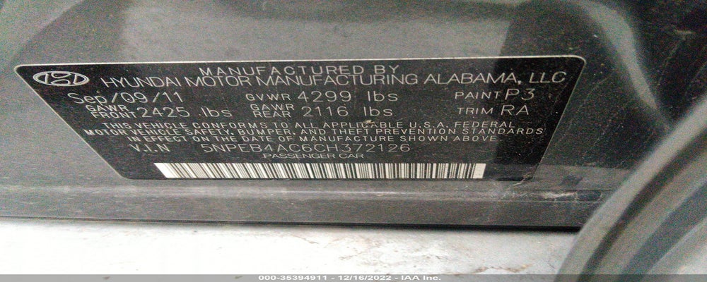 5NPEB4AC6CH372126 2012 HYUNDAI SONATA photo no. 9