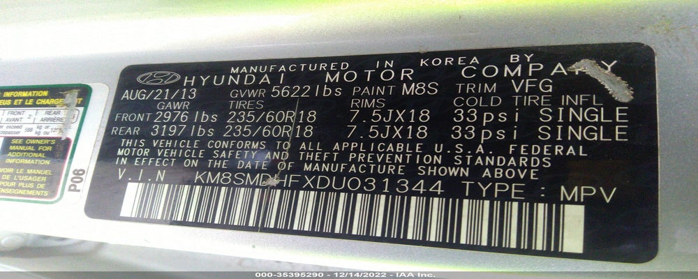 KM8SMDHFXDU031344 2013 HYUNDAI SANTA FE photo no. 9