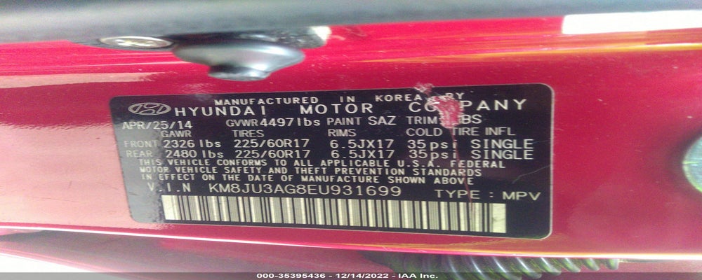 KM8JU3AG8EU931699 2014 HYUNDAI TUCSON photo no. 9