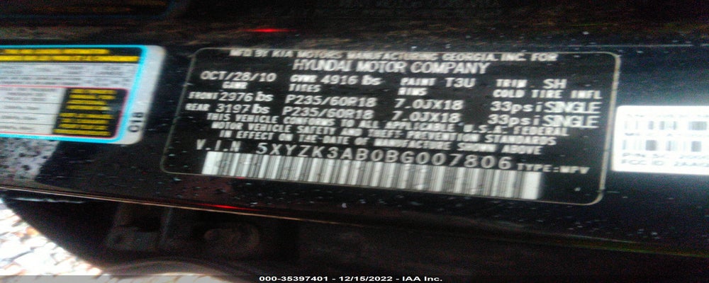 5XYZK3AB0BG007806 2011 HYUNDAI SANTA FE photo no. 9