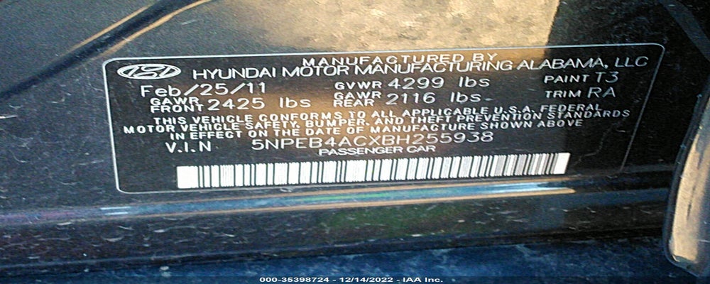 5NPEB4ACXBH255938 2011 HYUNDAI SONATA photo no. 9