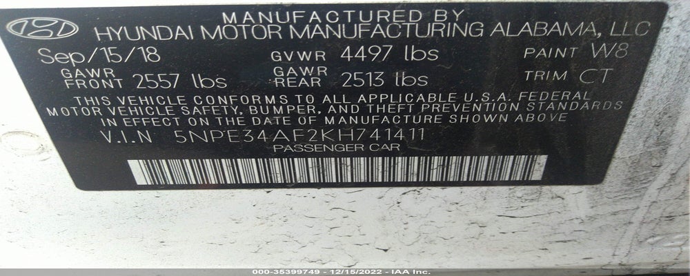 5NPE34AF2KH741411 2019 HYUNDAI SONATA photo no. 9