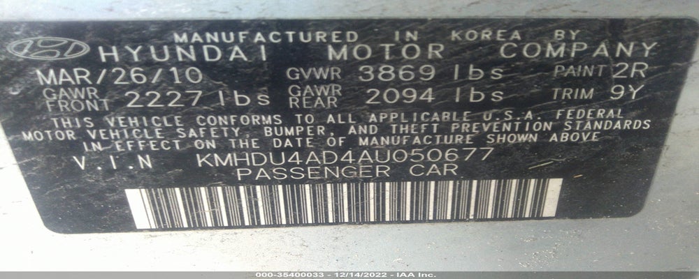 KMHDU4AD4AU050677 2010 HYUNDAI ELANTRA photo no. 9