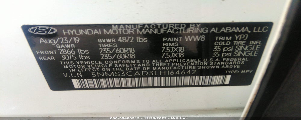 5NMS3CAD3LH164642 2020 HYUNDAI SANTA FE photo no. 9