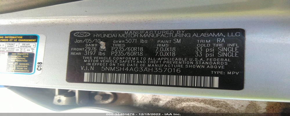 5NMSH4AG3AH357016 2010 HYUNDAI SANTA FE photo no. 9