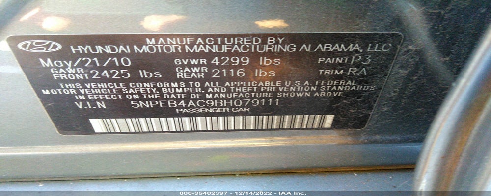 5NPEB4AC9BH079111 2011 HYUNDAI SONATA photo no. 9