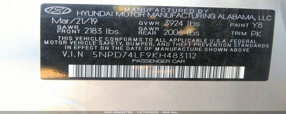 5NPD74LF9KH48311 2019 HYUNDAI ELANTRA photo no. 9