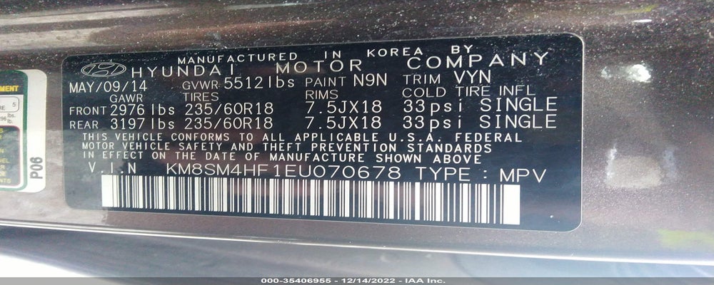 KM8SM4HF1EU070678 2014 HYUNDAI SANTA FE photo no. 9