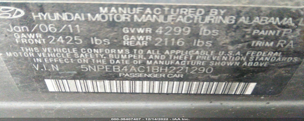 5NPEB4AC1BH221290 2011 HYUNDAI SONATA photo no. 9