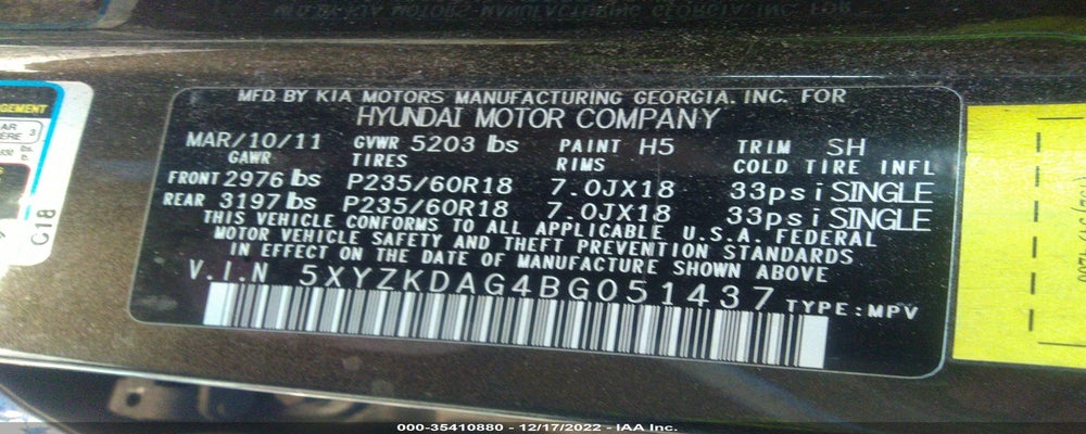 5XYZKDAG4BG051437 2011 HYUNDAI SANTA FE photo no. 9