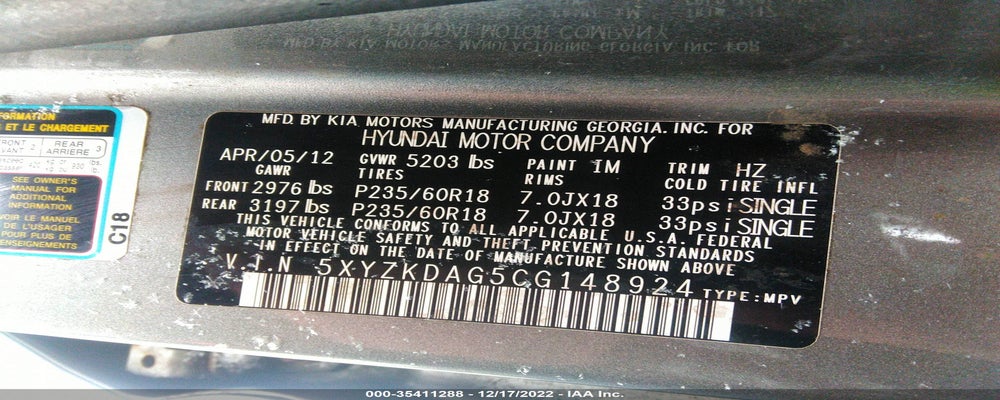 5XYZKDAG5CG148924 2012 HYUNDAI SANTA FE photo no. 9