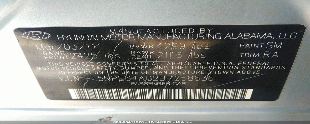 5NPEC4AC2BH258636 2011 HYUNDAI SONATA photo no. 9
