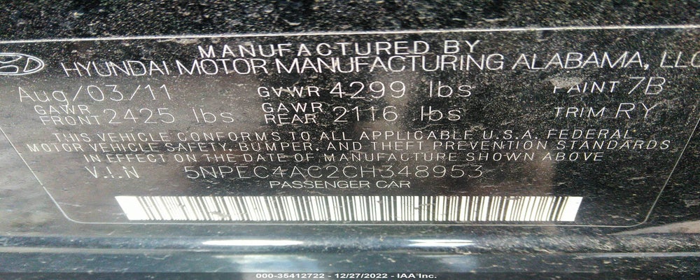 5NPEC4AC2CH348953 2012 HYUNDAI SONATA photo no. 9