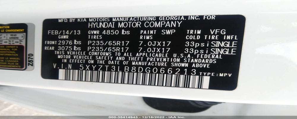 5XYZT3LB8DG066213 2013 HYUNDAI SANTA FE photo no. 9