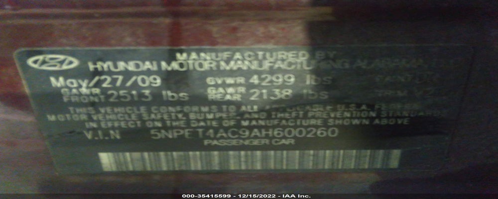 5NPET4AC9AH600260 2010 HYUNDAI SONATA photo no. 9