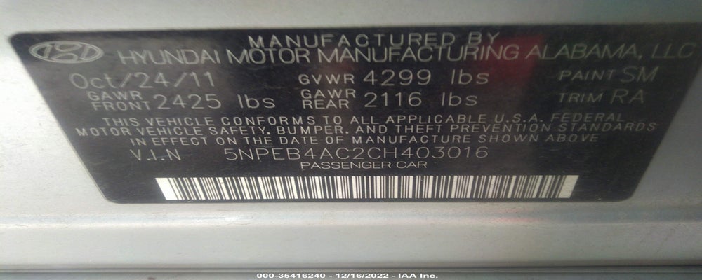 5NPEB4AC2CH403016 2012 HYUNDAI SONATA photo no. 9