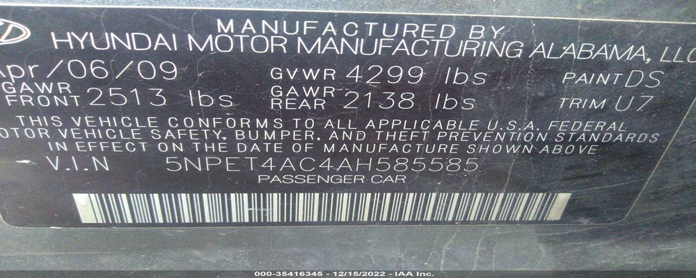 5NPET4AC4AH585585 2010 HYUNDAI SONATA photo no. 9