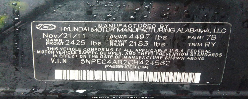 5NPEC4AB2CH424582 2012 HYUNDAI SONATA photo no. 9