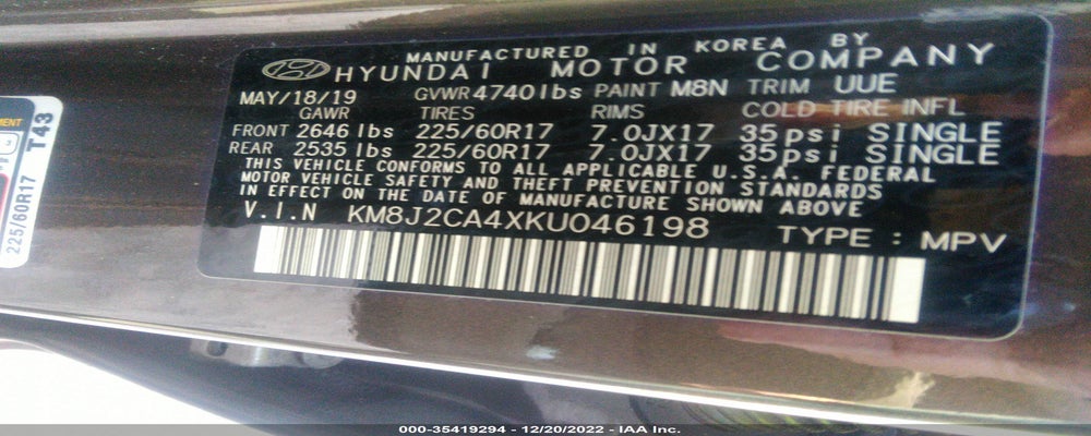 KM8J2CA4XKU046198 2019 HYUNDAI TUCSON photo no. 9