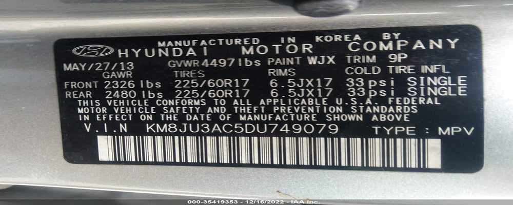 KM8JU3AC5DU749079 2013 HYUNDAI TUCSON photo no. 9