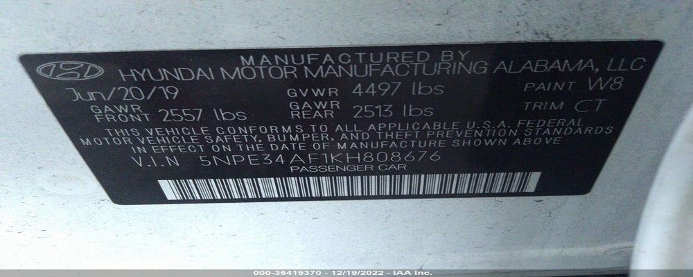 5NPE34AF1KH808676 2019 HYUNDAI SONATA photo no. 9