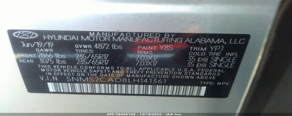 5NMS2CAD8LH141361 2020 HYUNDAI SANTA FE photo no. 9