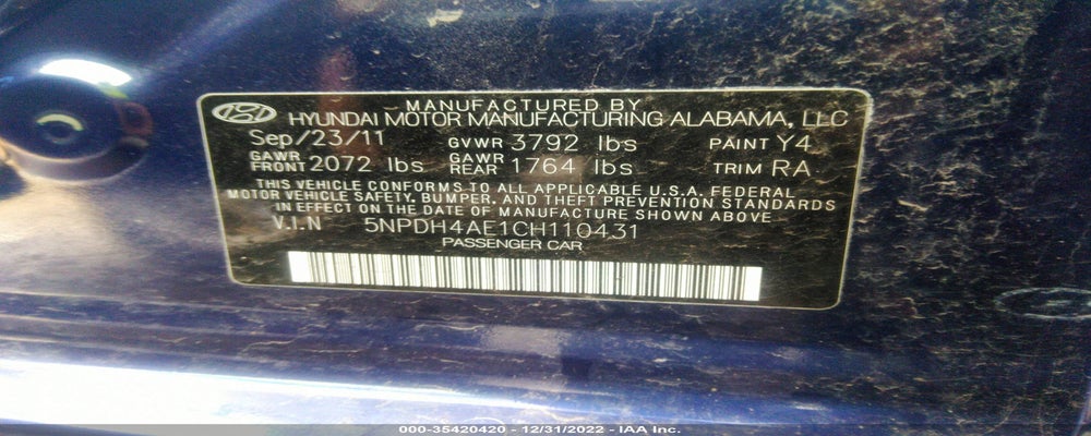 5NPDH4AE1CH110431 2012 HYUNDAI ELANTRA photo no. 9