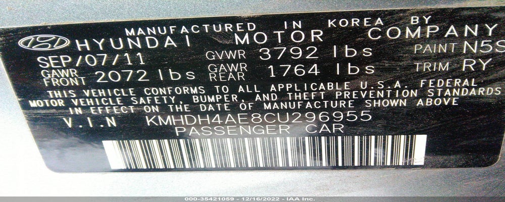 KMHDH4AE8CU296955 2012 HYUNDAI ELANTRA photo no. 9