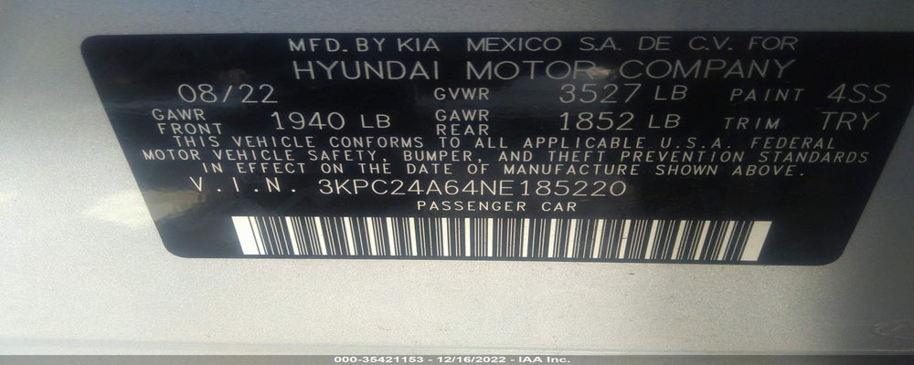 3KPC24A64NE185220 2022 HYUNDAI ACCENT photo no. 9