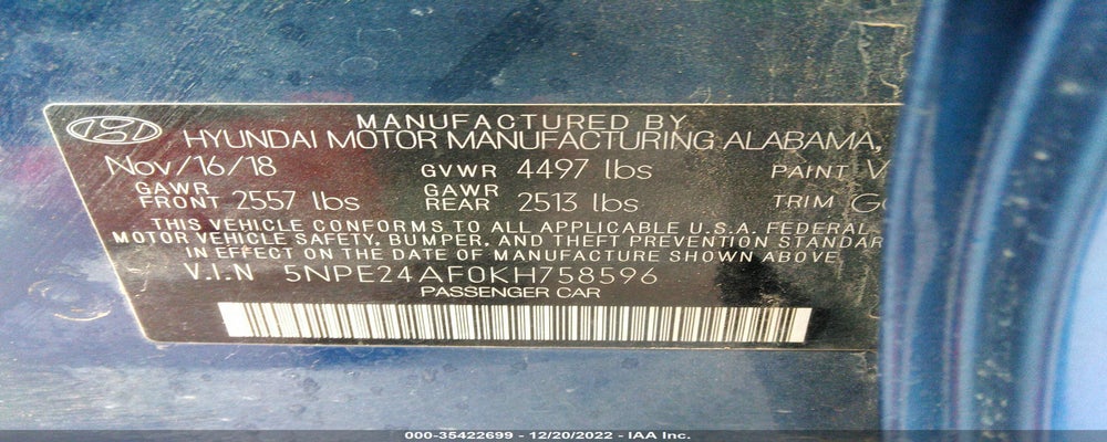 5NPE24AF0KH758596 2019 HYUNDAI SONATA photo no. 9