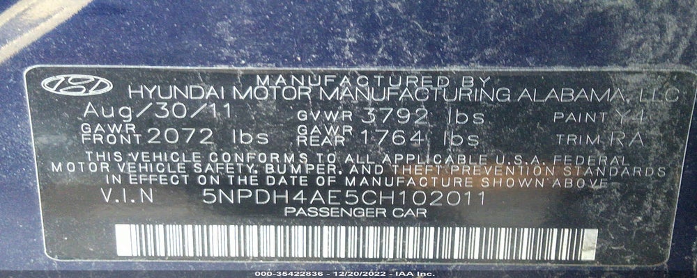 5NPDH4AE5CH102011 2012 HYUNDAI ELANTRA photo no. 9