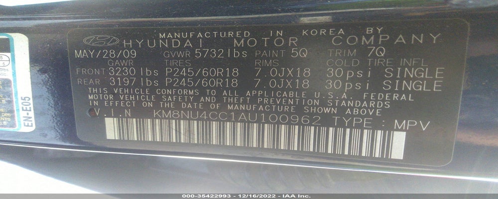 KM8NU4CC1AU100962 2010 HYUNDAI VERACRUZ photo no. 9