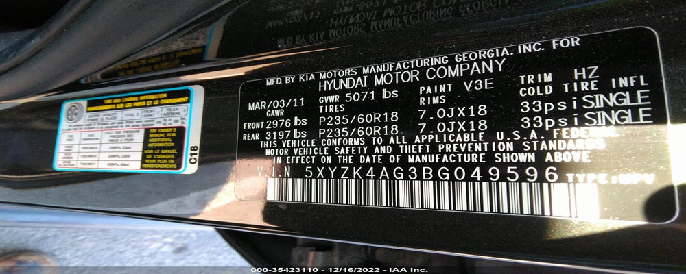 5XYZK4AG3BG049596 2011 HYUNDAI SANTA FE photo no. 9