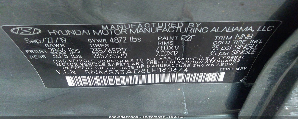5NMS33AD8LH180674 2020 HYUNDAI SANTA FE photo no. 9