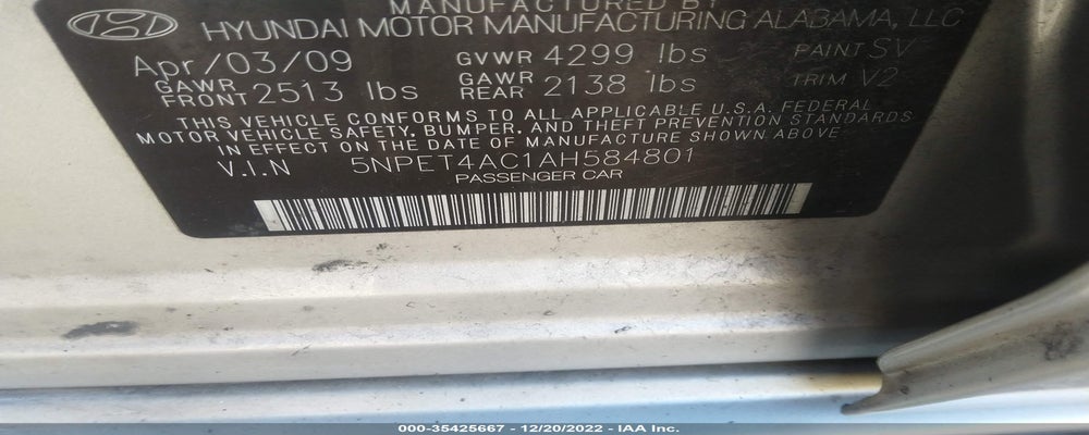 5NPET4AC1AH584801 2010 HYUNDAI SONATA photo no. 9