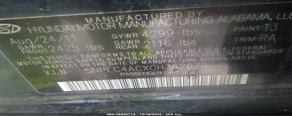 5NPEC4ACXCH362678 2012 HYUNDAI SONATA photo no. 9