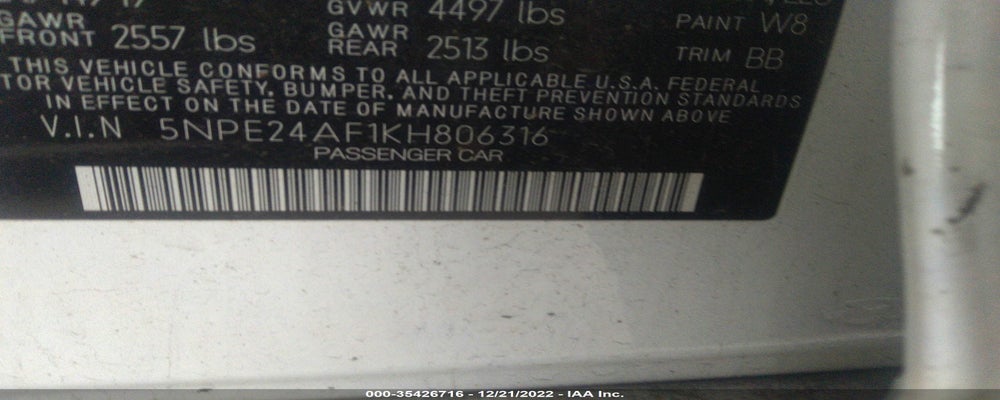 5NPE24AF1KH806316 2019 HYUNDAI SONATA photo no. 9