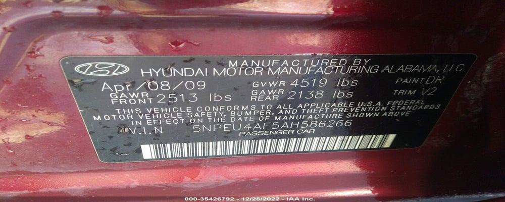 5NPEU4AF5AH586266 2010 HYUNDAI SONATA photo no. 9