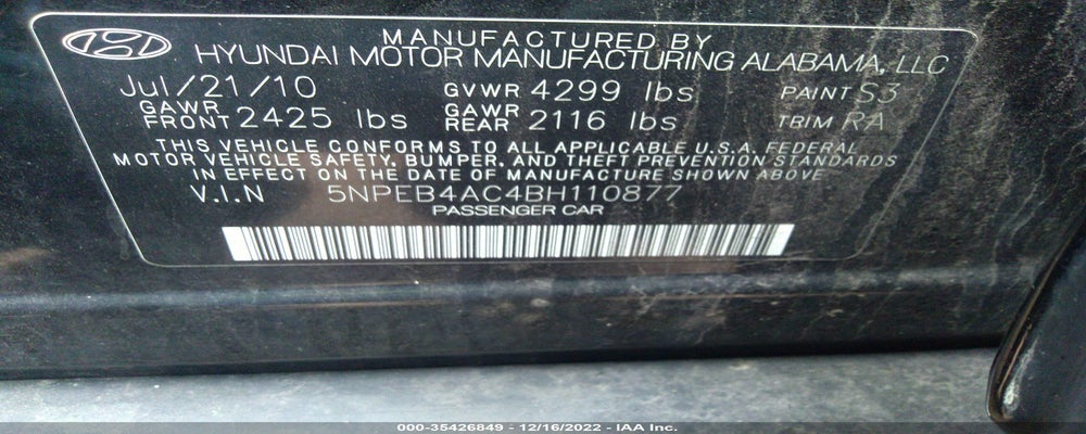 5NPEB4AC4BH110877 2011 HYUNDAI SONATA photo no. 9