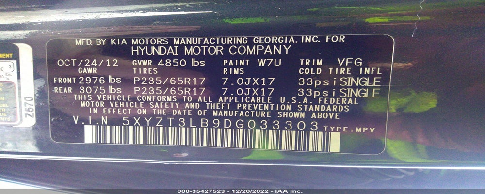 5XYZT3LB9DG033303 2013 HYUNDAI SANTA FE photo no. 9