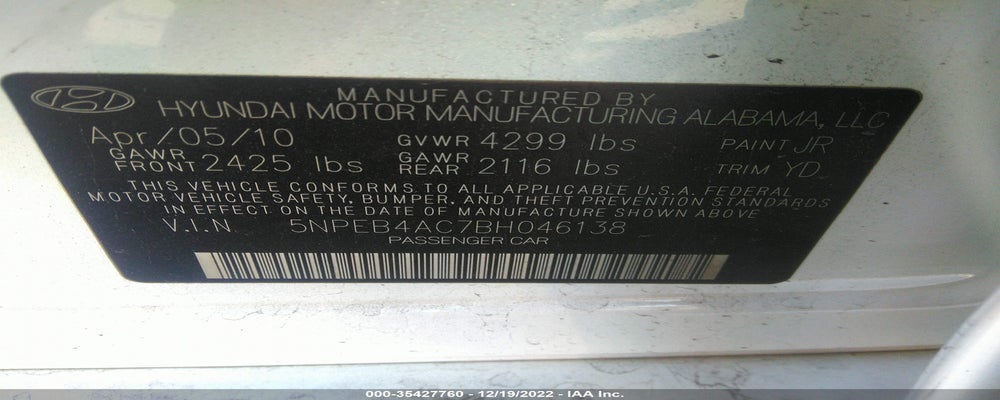 5NPEB4AC7BH046138 2011 HYUNDAI SONATA photo no. 9