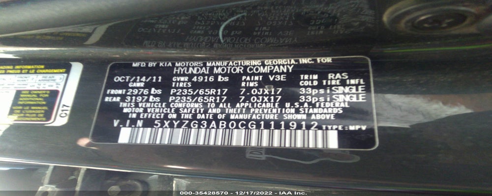 5XYZG3AB0CG111912 2012 HYUNDAI SANTA FE photo no. 9