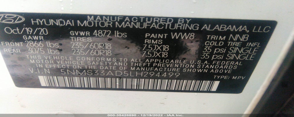 5NMS33AD5LH294499 2020 HYUNDAI SANTA FE photo no. 9