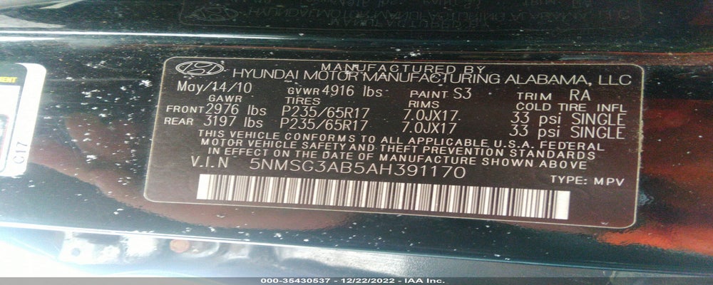 5NMSG3AB5AH391170 2010 HYUNDAI SANTA FE photo no. 9