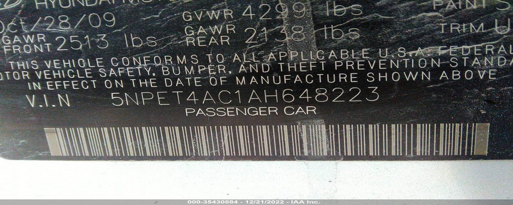 5NPET4AC1AH648223 2010 HYUNDAI SONATA photo no. 9