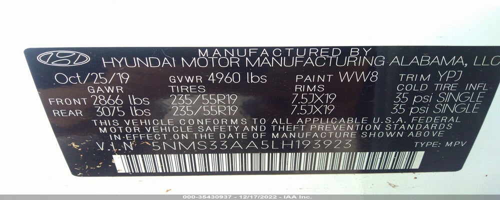 5NMS33AA5LH193923 2020 HYUNDAI SANTA FE photo no. 9