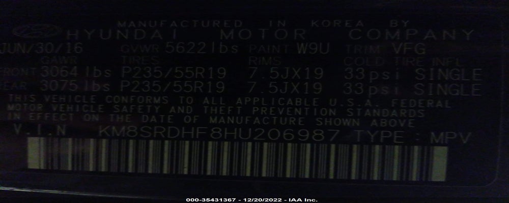 KM8SRDHF8HU206987 2017 HYUNDAI SANTA FE photo no. 9