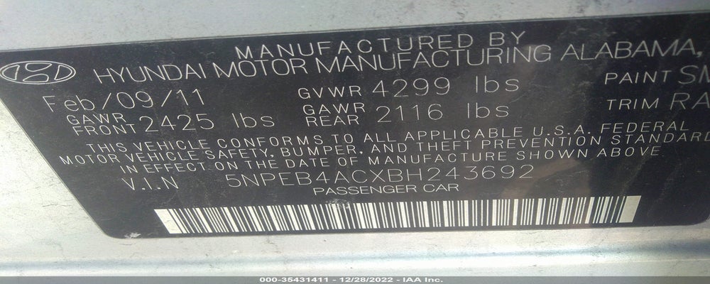 5NPEB4ACXBH243692 2011 HYUNDAI SONATA photo no. 9