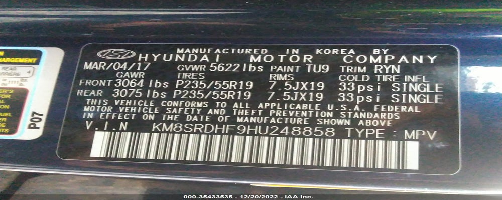 KM8SRDHF9HU248858 2017 HYUNDAI SANTA FE photo no. 9