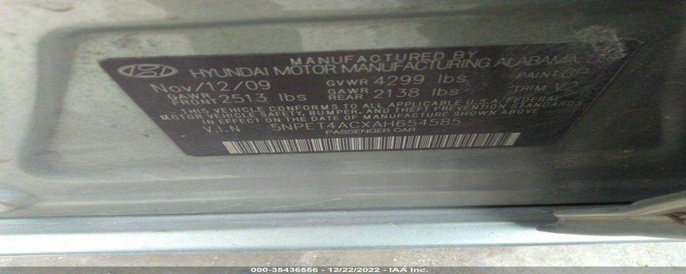5NPET4ACXAH654585 2010 HYUNDAI SONATA photo no. 9